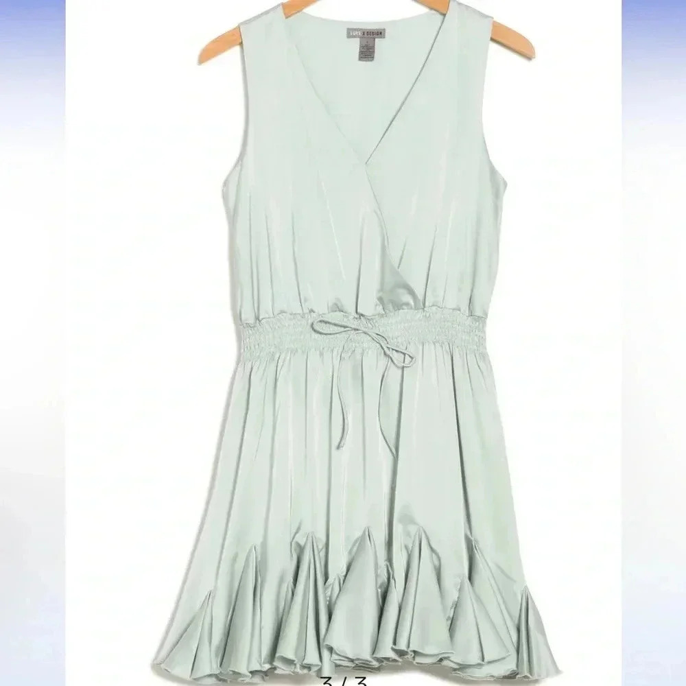 Sage Green Wrap Mini Dress Large Love By Design Smocked Waist Sleeveless NWT